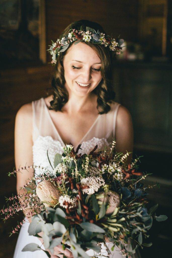 Beautiful bride with her native Australian bouquet of flower at Gunyah Valley Retreat wedding.