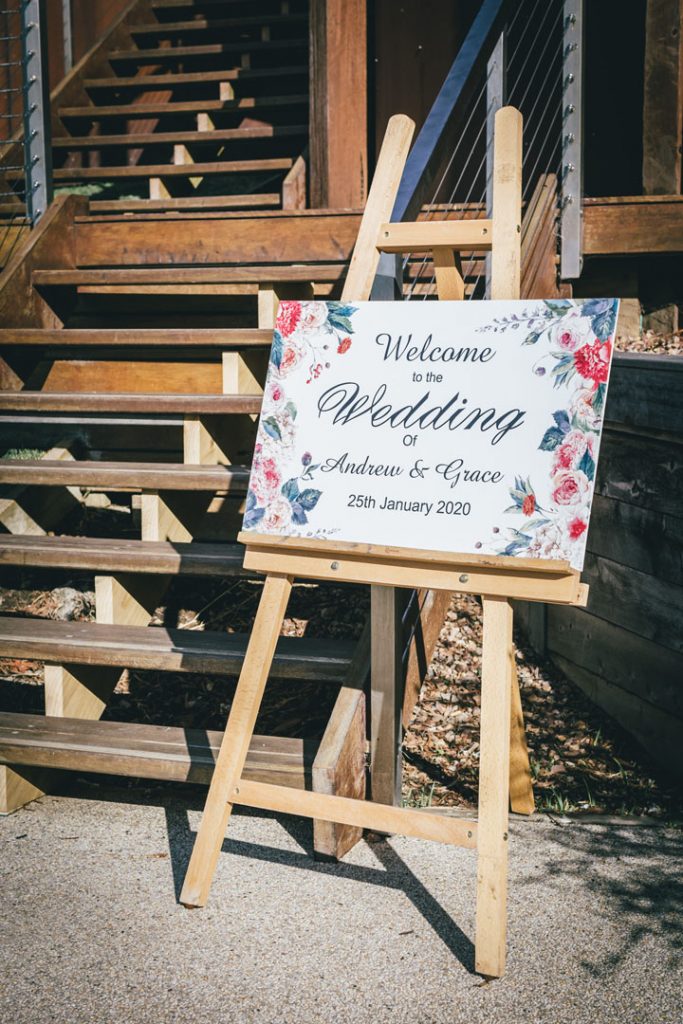 Wedding easel to welcome guests at Jack Rabbit Vineyard wedding.