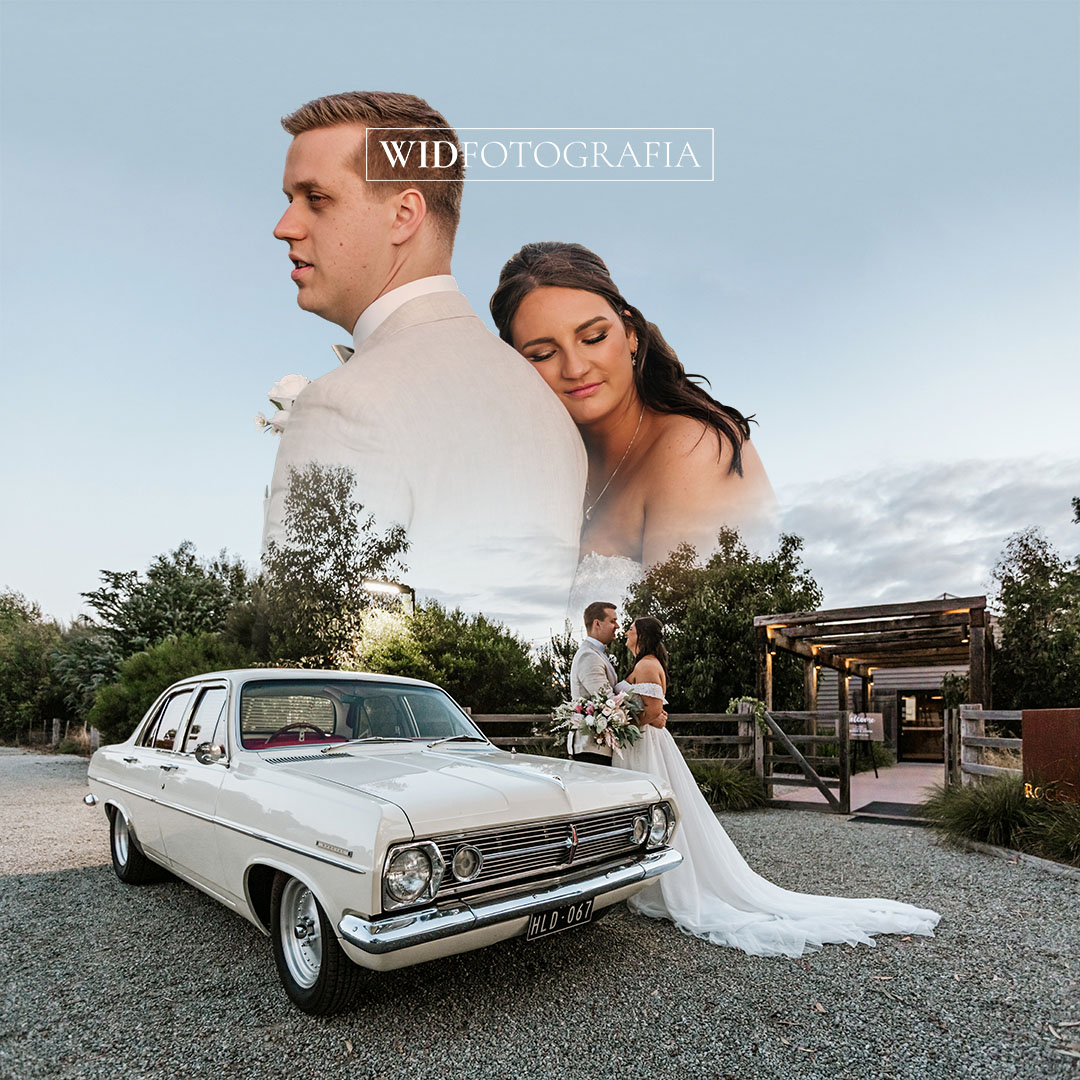 Wedding photo of a couple with their wedding car. Captured and edited by WIDFOTOGRAFIA.