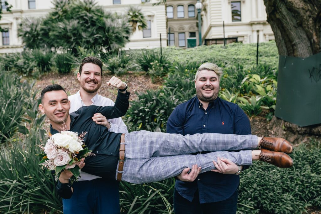 Groom and his groomsmen after wedding ceremony.