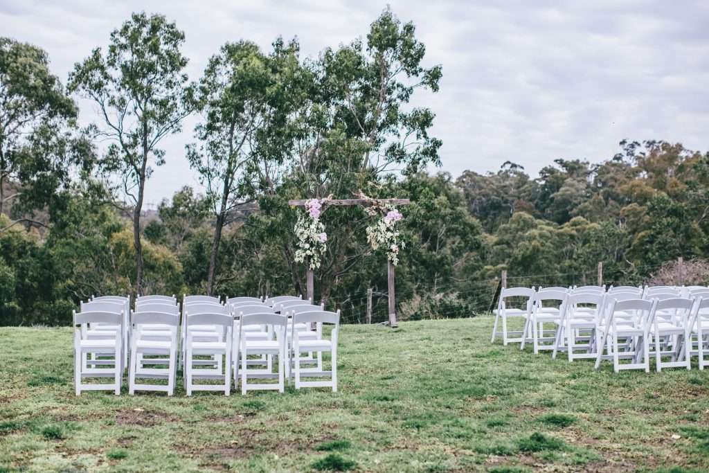 Outdoor ceremony arrangement for a wedding at Farm Vigano.
