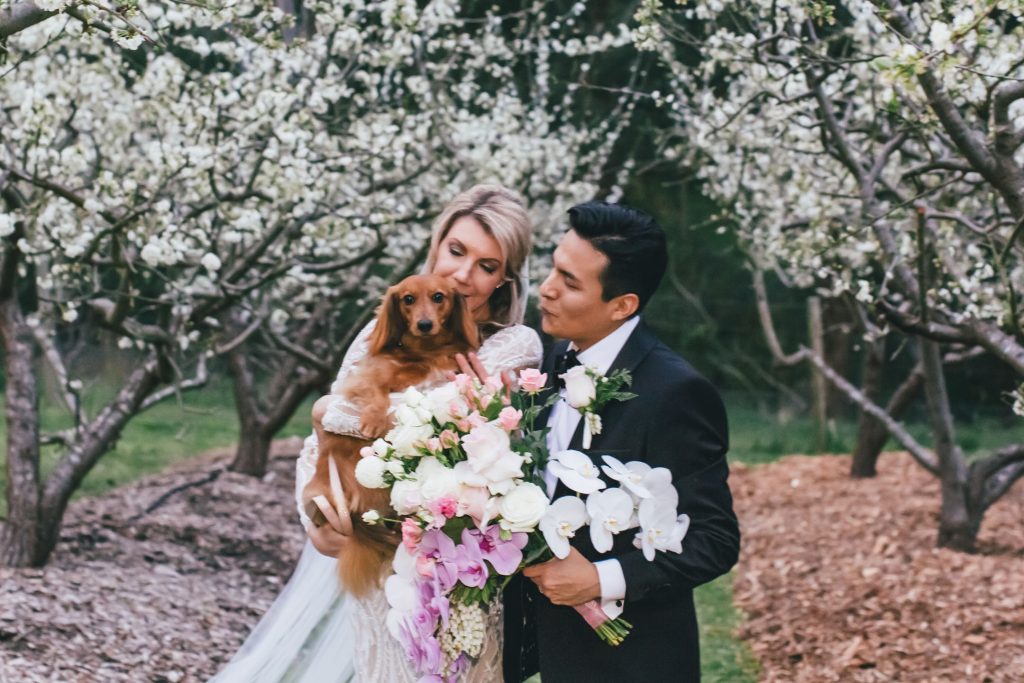 Bride holding her dog while posing with her groom outdoor in the harden.