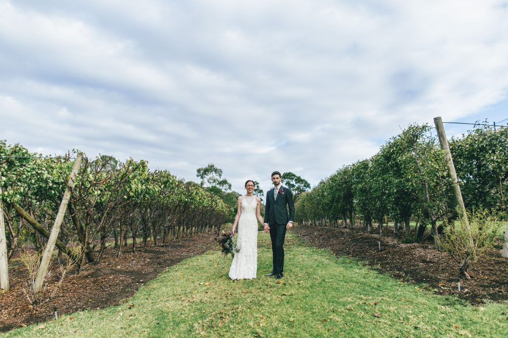 Bride and groom holding hands in the Farm Vigano orchid for South Morang wedding.