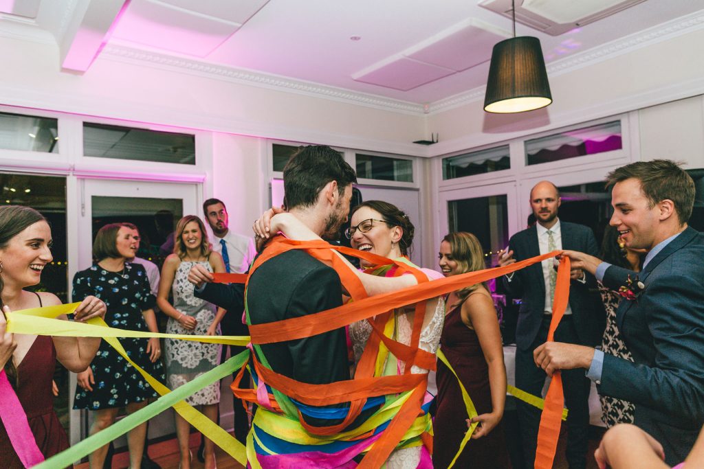 Italian first dance with streamers wrap around the couple at South Morang wedding, Farm Vigano.
