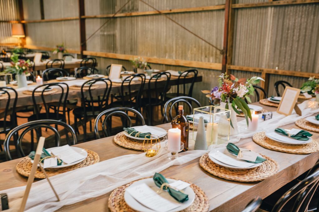 Rustic table setting for Rocklea Farm Stonehaven wedding reception.