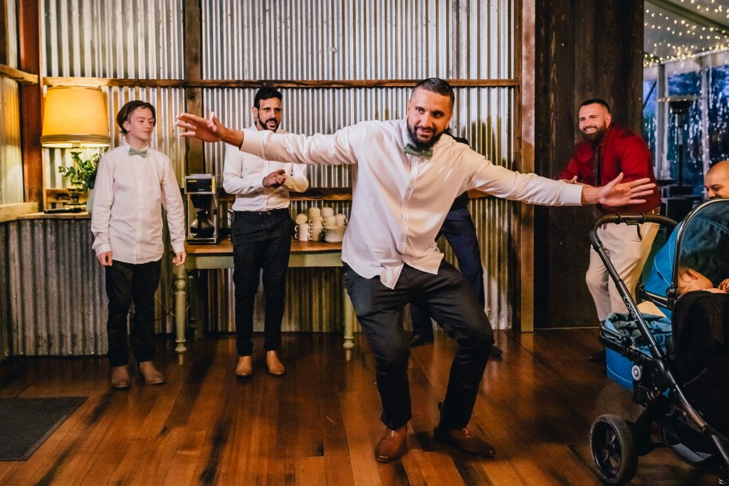 Groomsmen dancing at Rocklea Farm Stonehaven wedding reception.