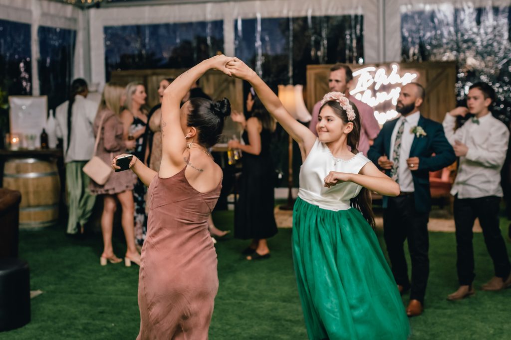 Guests dancing during wedding reception at Rocklea Farm Stonehaven.