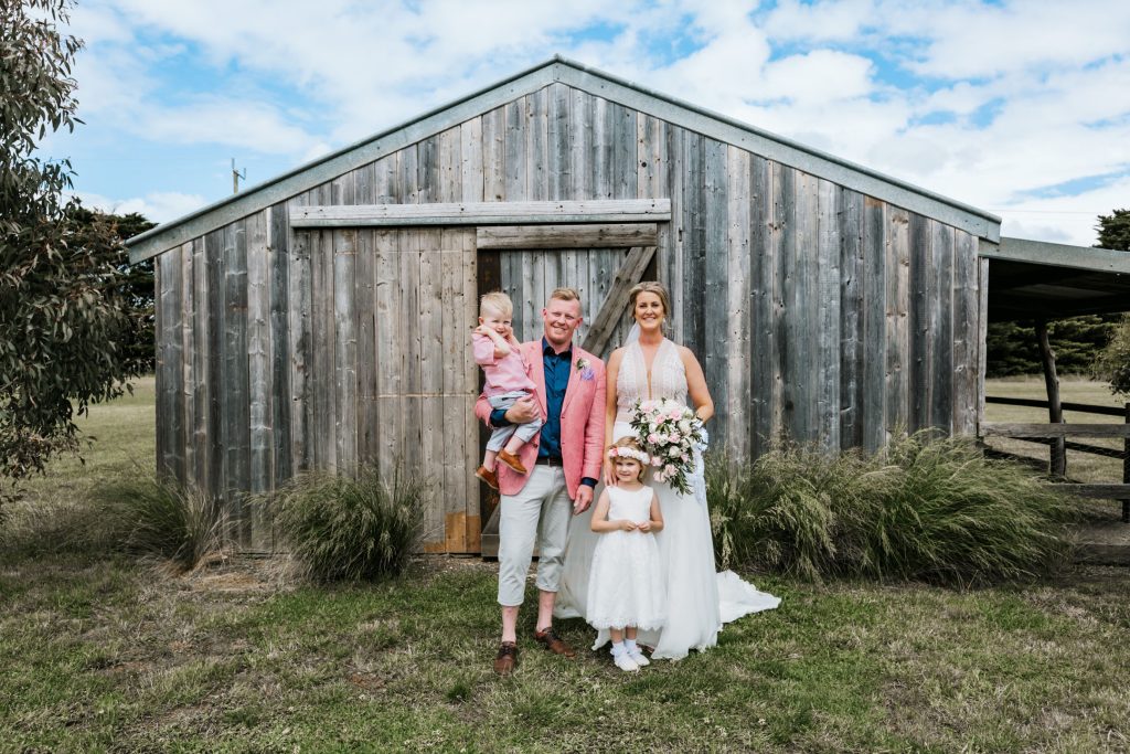 Bride and groom with their son and daughter for Rocklea Farm wedding photography.