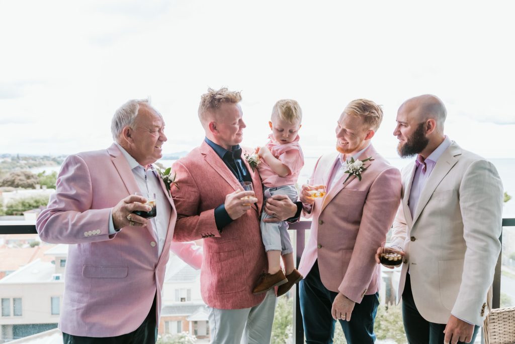 Groom with his son, father and groomsmen for Rocklea Farm wedding.