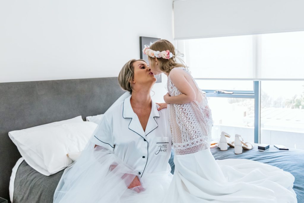 Bride and daughter during getting ready for Rocklea Farm wedding.